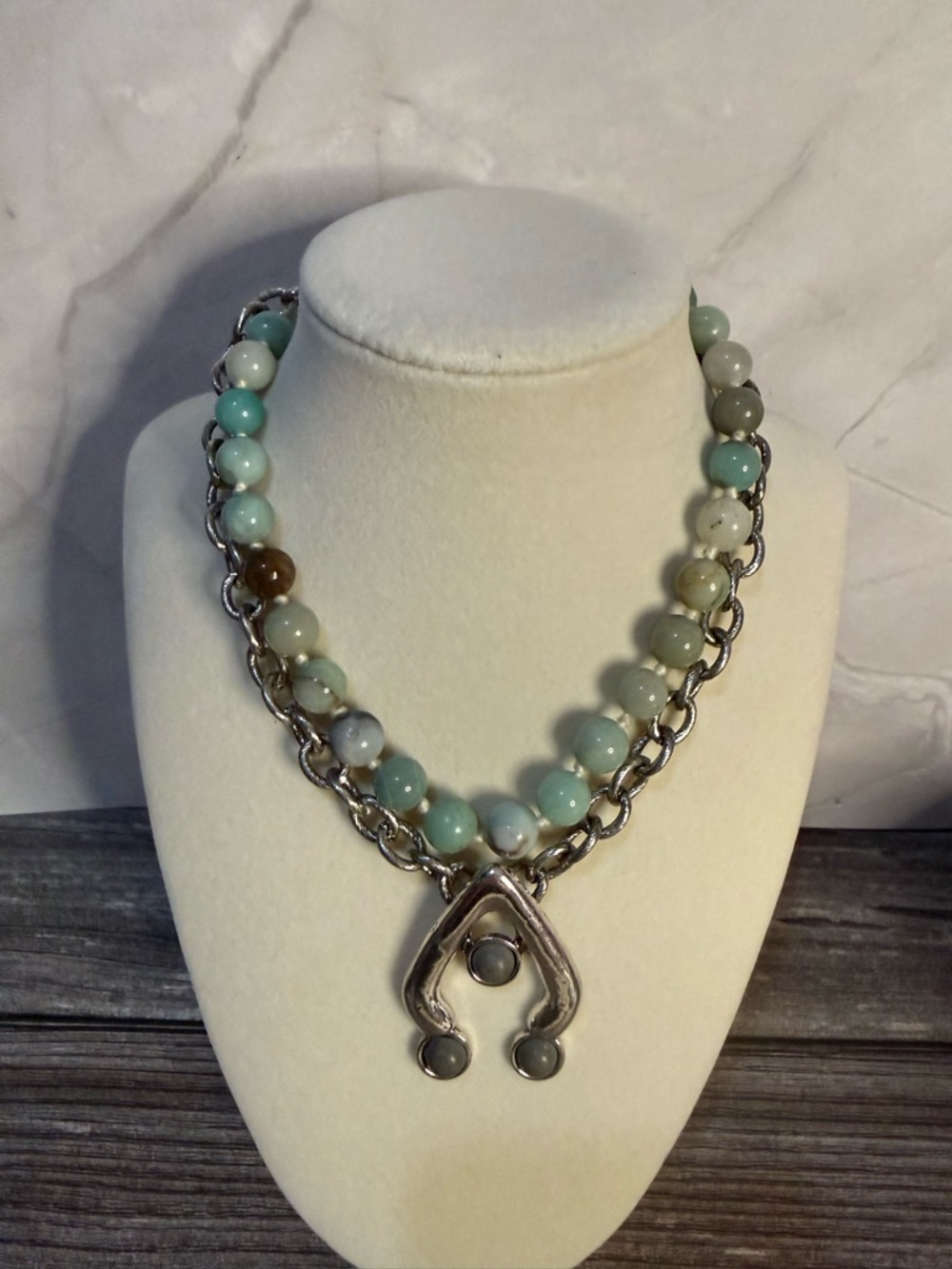 NWT Free People Handcrafted Beaded Statement Necklace in Aqua Tones & Silver